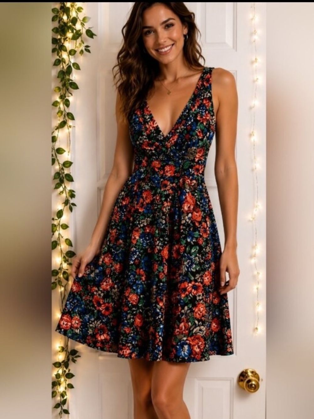 Sololafe Cottagecore Dark Floral V-Neck Fit & Flare Skater Mini Dress Size Large